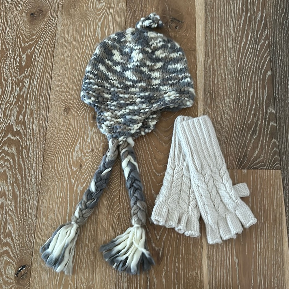 Cute knitted ear flap knitted beanie hat & fingerless knitted gloves.